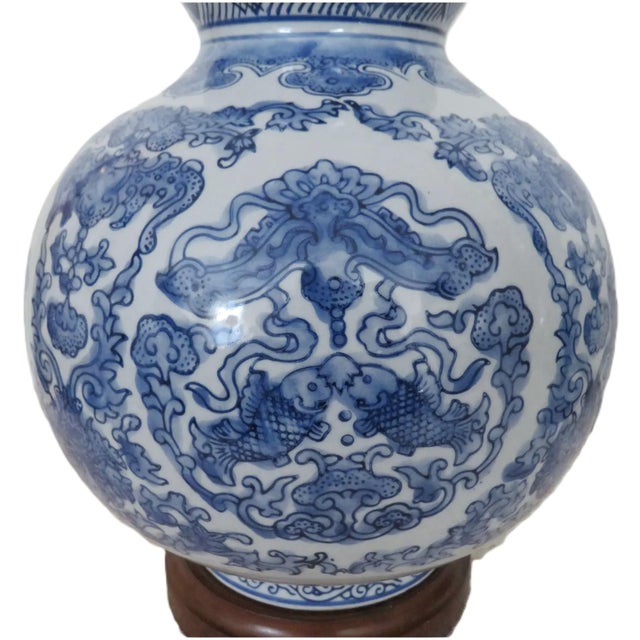 Early 21st Century Chinoiserie Ralph Lauren Designer Table Lamps Blue & White Gourd Shape Koi Fish - a Pair For Sale - Image 5 of 10