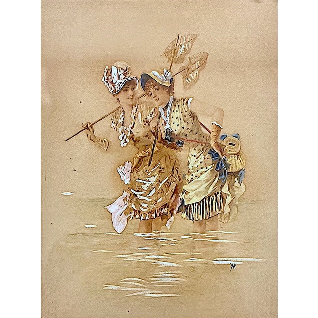 A woman must remain fashionable, even when at the beach. This late 19th-century gouache and watercolor piece, likely...
