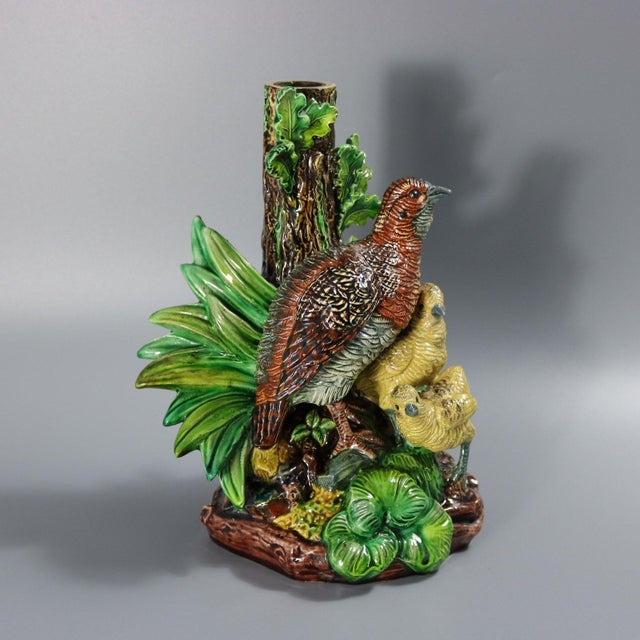 Green Hugo Lonitz Majolica Partridge and Chicks Candelabra Base For Sale - Image 8 of 17