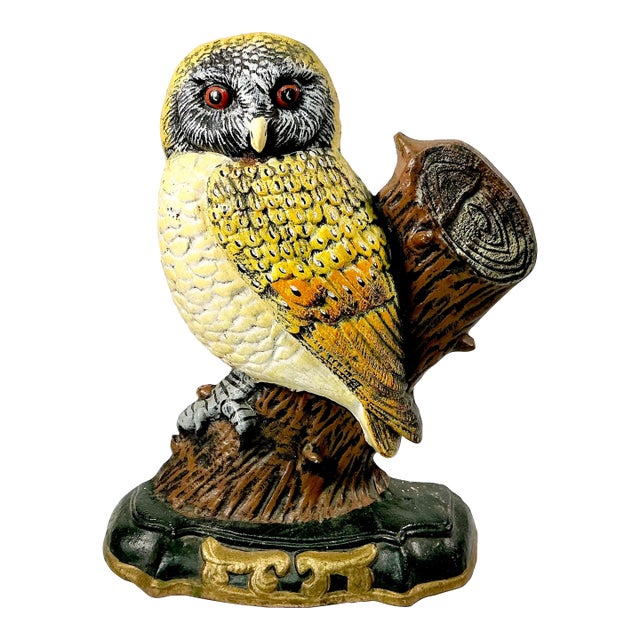 1940s Vintage Boho Chic Arts & Crafts Farmhouse Cast Iron Owl Doorstop For Sale