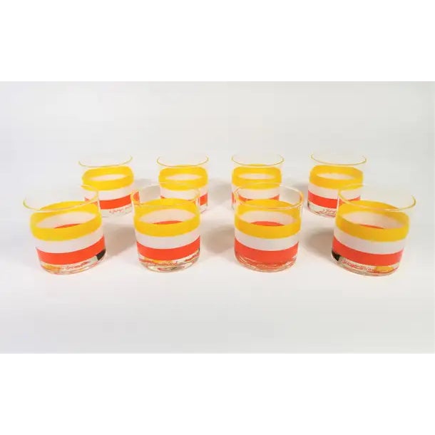 Mid Century 1960s Georges Briard Glassware Barware. Fun Bright Orange, Yellow, and White Stripe. Set of 8. All glasses are...