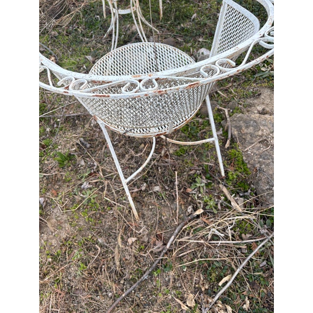 Wrought Iron Mid Century Modern Woodard Style White Curved Back 2 Chairs & Table For Sale - Image 11 of 12