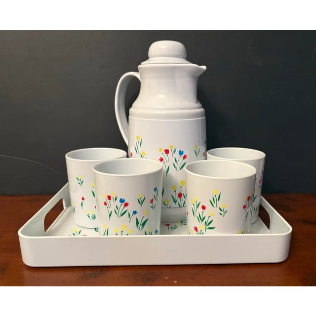 Vintage Phoenix Thermal Serving Set With Tray & 4 Cups, Floral Tulip Carafe, Retro Picnic Beverage Service, 1970s Insulated Coffee Tea Set For Sale - Image 4 of 12