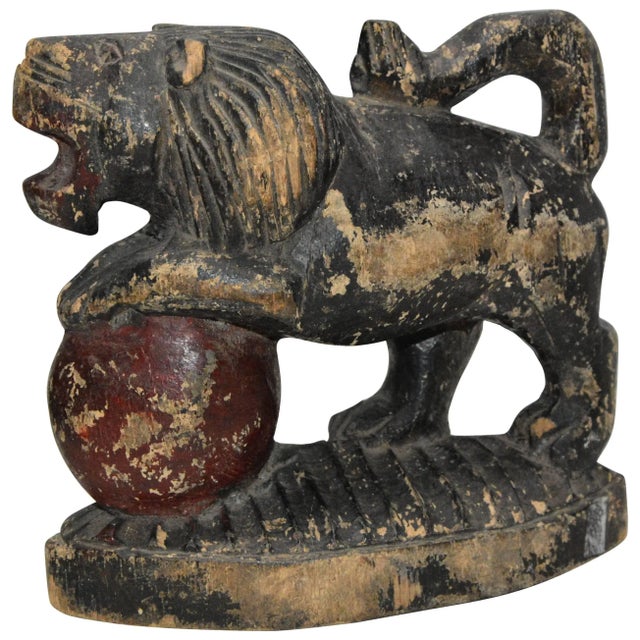 Early 19th Century Antique Wooden Lion on Red Ball Carving For Sale - Image 9 of 9