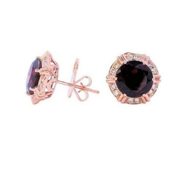 Fancy Round Red Garnet Diamond Halo 18 Karat Rose Gold Stud Statement Earrings, A Pair For Sale - Image 4 of 4