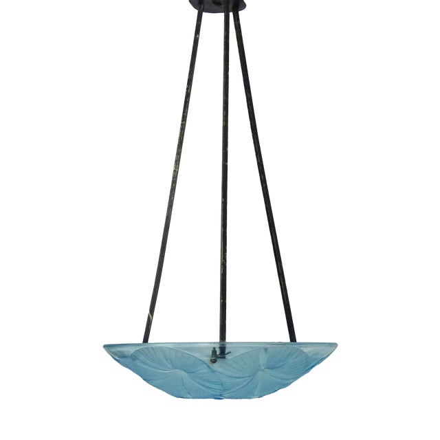 Vintage Art Deco Pendant Light in Blue Glass Paste from Verrerie Dart Degué, 1920s For Sale