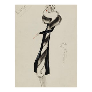 Vintage French Fashion Art Print – Black Fur-Trim Coat Illustration, 12" X 18" For Sale