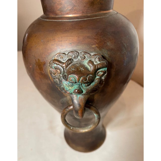 Antique 19th Century Chinese Foo Lion Dog Handle Dovetailed Bronze Vase Urn For Sale - Image 9 of 15