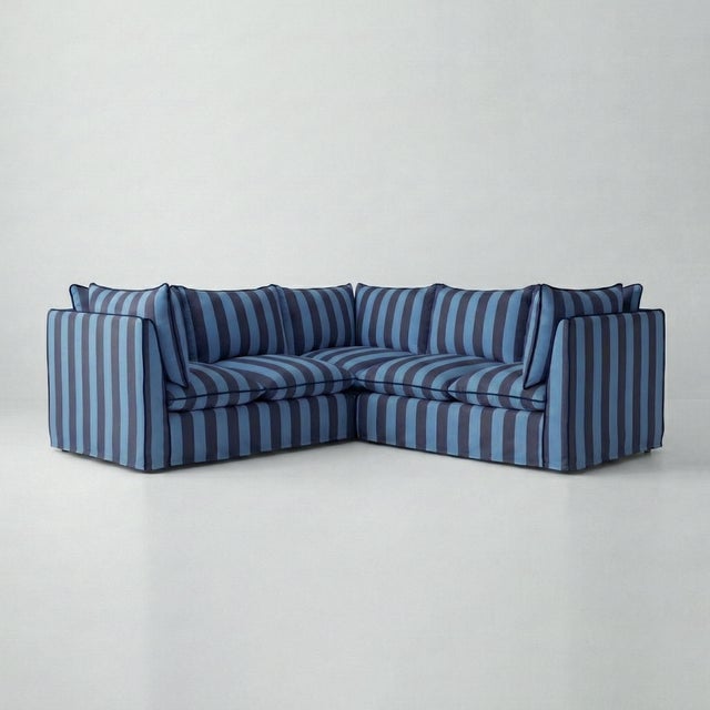 Not Yet Made - Made To Order Sophie Conran Coco 3x3 Sectional Sofa - Coastal Blue & Navy Blue Stripes with Knife Edge Cushion For Sale - Image 5 of 5
