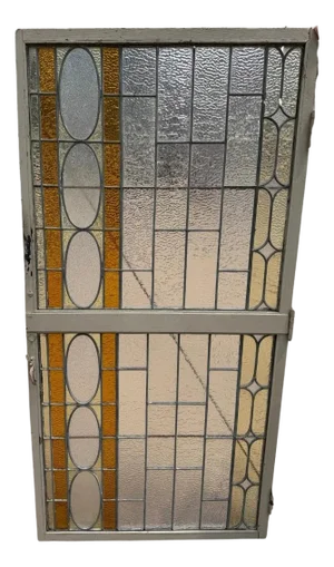 Antique Victorian Amber Stained Leaded Glass Double Window Converted to Door