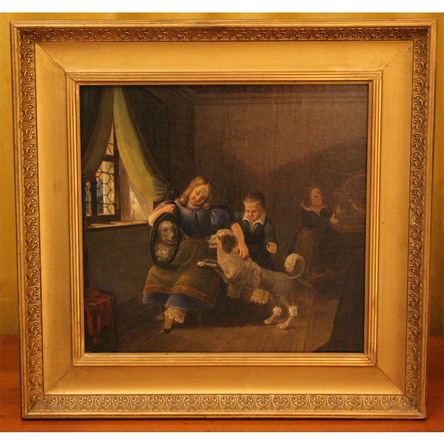 This evocative 17th-century Dutch genre scene depicts an amusing domestic scene. In the foreground, a woman and a young...