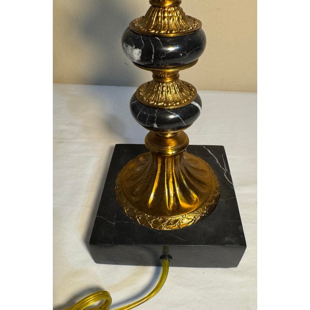 Black Hollywood Regency Stacked Black Marble Antique Gold Acanthus Table Lamp For Sale - Image 8 of 12