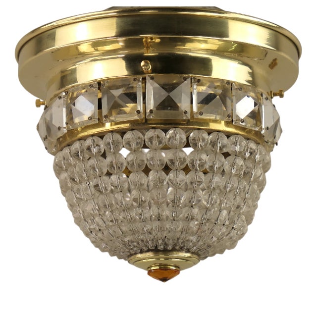 Art Deco Brass Ceiling Light with Faceted Crystal Glass Beads, Austria, 1920s For Sale