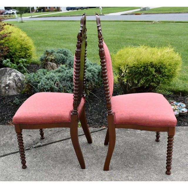 Late 19th Century Antique Walnut Boudoir Chairs Victorian Side Spindle Carved Pair 1880s Coral For Sale - Image 5 of 12