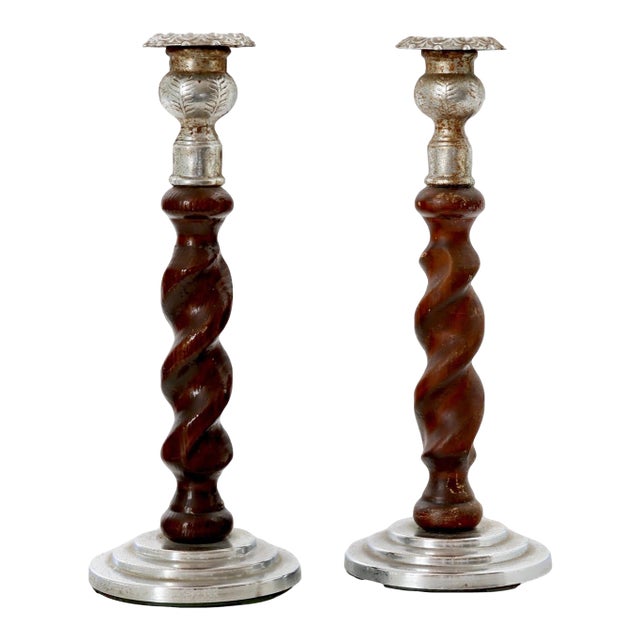 1950s English Oak & Chrome Candlesticks, a Pair For Sale