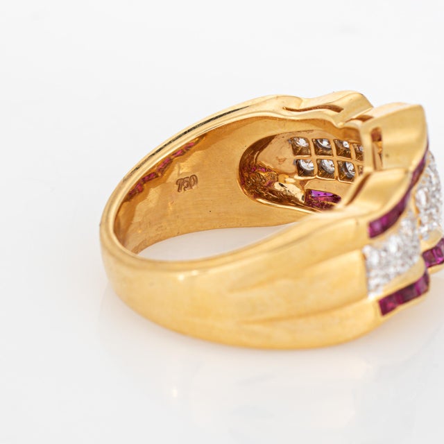 Metal 80s Diamond Ruby Ring Sz 6.5 Wide Band Vintage 18k Yellow Gold Fine Jewelry For Sale - Image 7 of 7