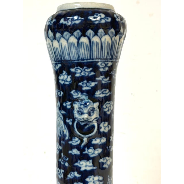 Pair of Late Qing Blue & White Porcelain Garlic-Neck Vases, Lion Mask Handles For Sale - Image 13 of 14