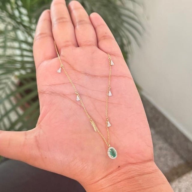 Art Nouveau Oval Emerald & Diamond Drop Halo Station Charm Necklace in 14k Yellow Gold For Sale - Image 3 of 13