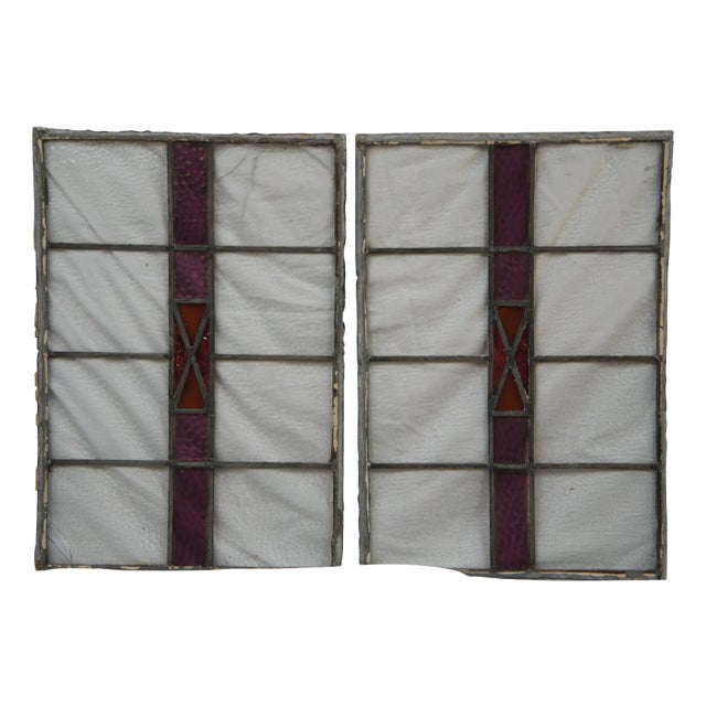 Pair of Antique Reclaimed Leaded Stained Amethyst Glass Window Panels For Sale
