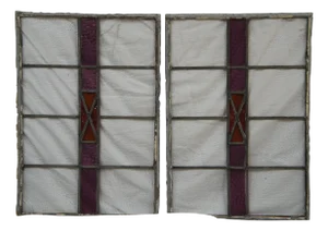 Pair of Antique Reclaimed Leaded Stained Amethyst Glass Window Panels