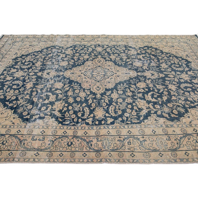 Blue Vintage Persian Handmade Wool Rug in Blue With Rosette Motif For Sale - Image 8 of 10