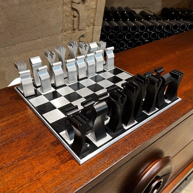 AMBIANIC presents Vintage 1972 MCM Modernist Columbia Aluminum Chess Set by Scott Wolfe Boxed Vintage Set 15.63 x 15.63 x...