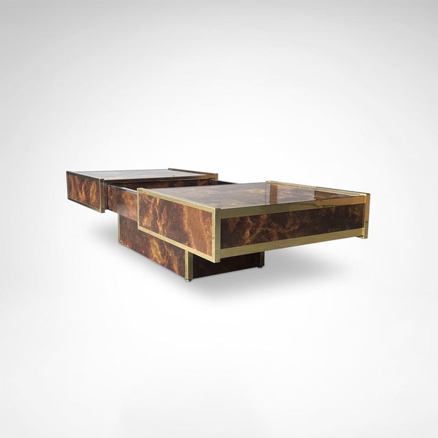 1980s Coffee Table in Burl Wood and Brass Metal with Bar from Maison Lancel, France, 1980s For Sale - Image 5 of 10