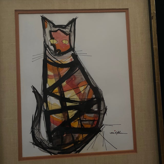 2000 - 2009 Signed Watercolor and Ink Drawing of a Cat by Maria Von Kohler. For Sale - Image 5 of 12