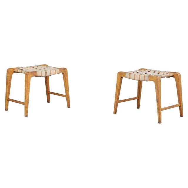 Sculptural Oak Stools with Woven Canvas Straps by Jan Vanek, 1940s, Set of 2 For Sale - Image 10 of 10