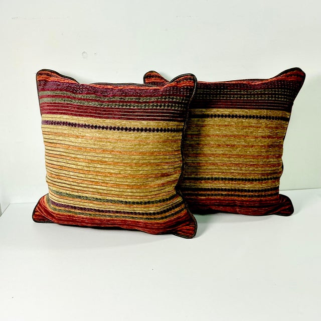 Rustic 1980s Vintage Boho Chic Southwestern Ralph Lauren Jewel Tone Cut Striped Chenille Decorative Pillows - A Pair For Sale - Image 3 of 13