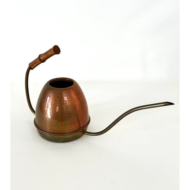 Mid century brass and hammered copper small watering can with bamboo wooden handle. Original lacquered finish....