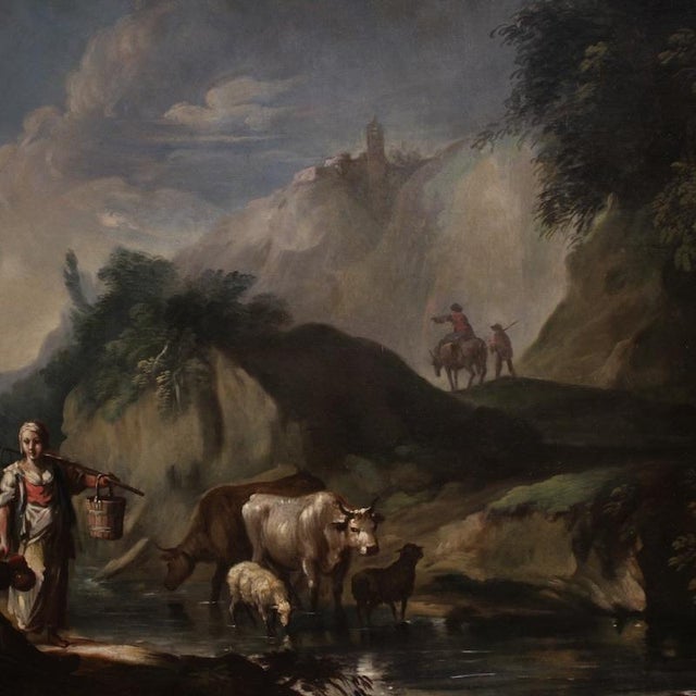Mid 18th Century Italian Artist, Landscape with Genre Scene, 1750, Oil on Canvas For Sale - Image 5 of 13