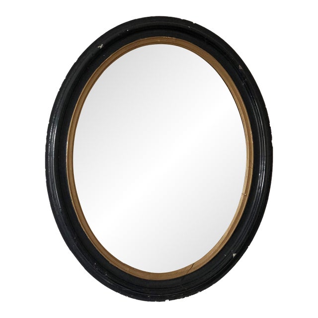 Large Antique French Louis Philippe Oval Mirror – Black and Gold, Late 19th Century For Sale