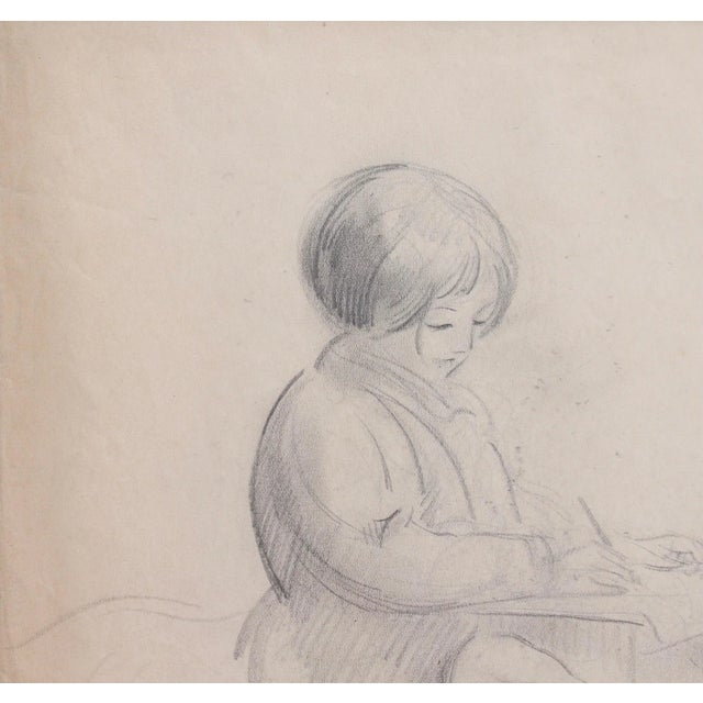 Guillaume Dulac, Portrait of a Young Girl Writing, 1920s, Pencil on Art Paper For Sale - Image 4 of 12