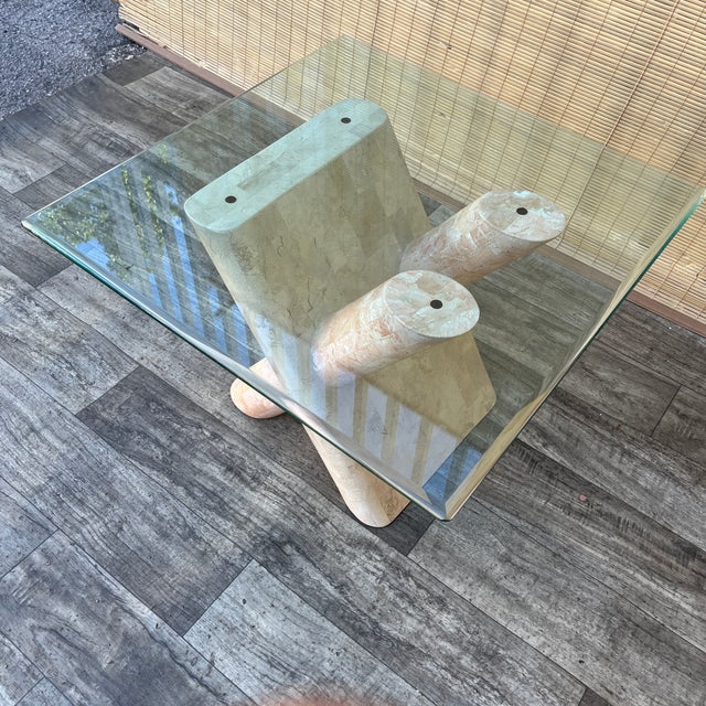 Stone Post Modern Tessellated Mactan Stone Rounded X-Shape Base Side Table. C 1980s For Sale - Image 7 of 17