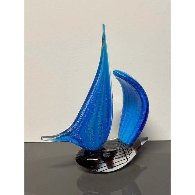 Coastal Vintage Used Dale Tiffany Blue Handcrafted Art Glass Sculpture Sailboat For Sale - Image 3 of 6