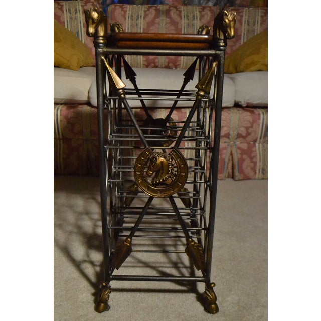 Brown Vintage Maitland Smith Brass Bronze Horse Head Equestrian Wine Rack Leather Tray For Sale - Image 8 of 13