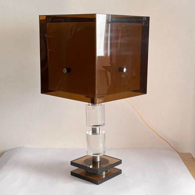 Silver Large Space Age Geometric Table Lamp in Amber and Smoked Acrylic Glass, Italy, 1970s For Sale - Image 8 of 13