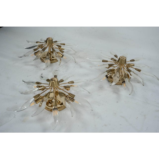 Mid-Century Modern Brass and Crystal Ceiling Lamps, Italy, 1970s, Set of 3 For Sale - Image 3 of 18