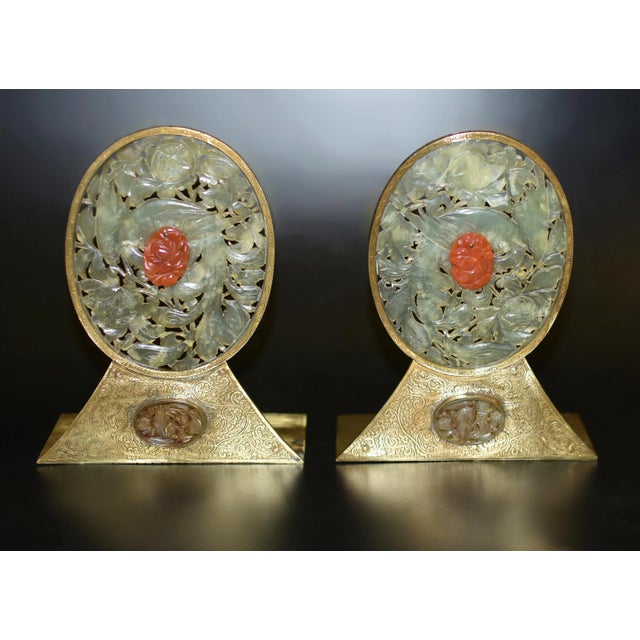 Pair Antique Chinese Serpentine Jade Red Agate Engraved Brass Bookends For Sale - Image 4 of 13