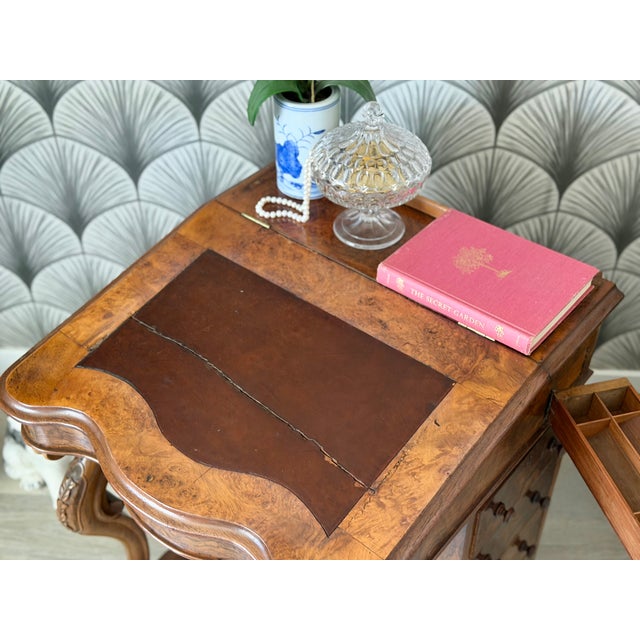Antique Victorian Burl Walnut Wood and Leather Davenport Writing Table Secretary Desk For Sale - Image 4 of 18