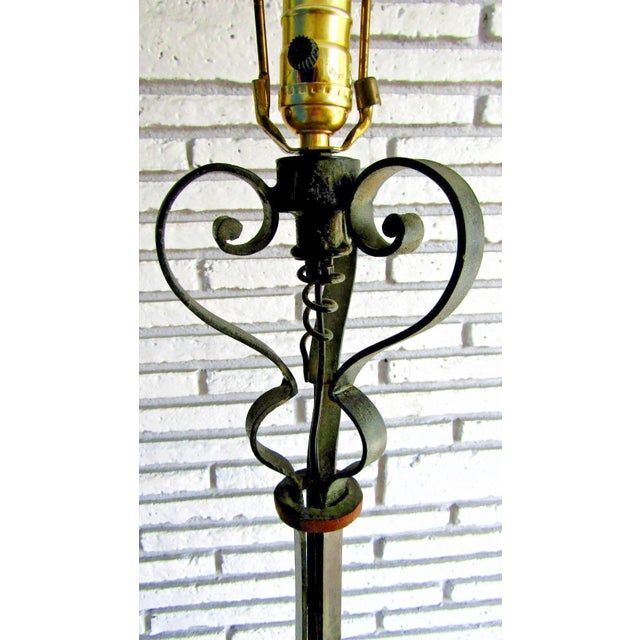 Black 1920s French Art Deco Wrought Iron Scrollwork and Leaves Tripod Floor Lamp and Shade For Sale - Image 8 of 17