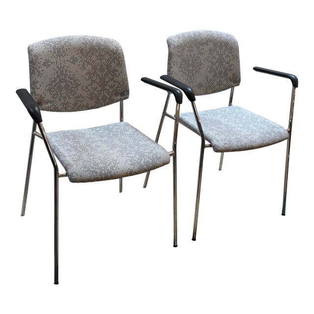 Hightower Modernist Stackable Damask Print Arm Chairs, Pair For Sale