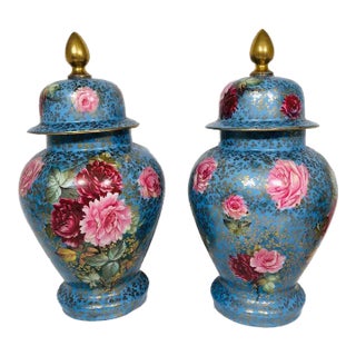 Early 1900s Porcelain Lidded Floral Vases Urns- a Pair For Sale