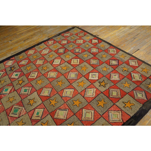 Textile 1920s Gray Red Geometric Folk Art Antique American Hooked Rug 6'8" X 7'5" Hand Knotted Wool Carpet For Sale - Image 7 of 15