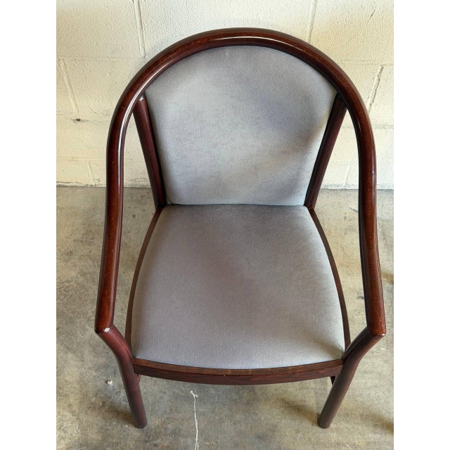 Grey Upholstered Barrel Armchairs Pair With Dark Wood Frames Vintage 1980s For Sale - Image 9 of 9