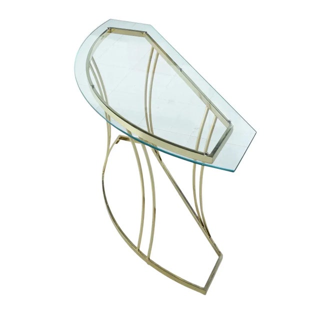 Curved 1970s Gold Brass Colored Sofa Table Console With Glass Top For Sale - Image 4 of 12