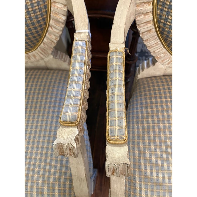Carved Painted Wood French Country Upholstered Bergere Chairs - A Pair For Sale - Image 9 of 14