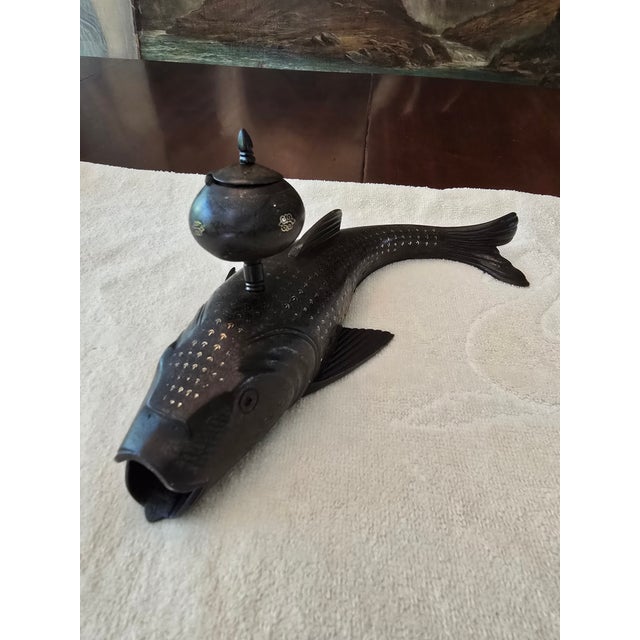 Metal Antique 24k Gold Inlaid Asian Fish Inkwell For Sale - Image 7 of 15