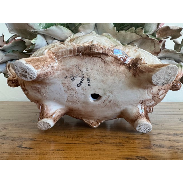 1960's Capodimonte Italian Porcelain Rose Flower Basket Centerpiece, Footed Rococo Floral Bouquet Sculpture For Sale - Image 10 of 11